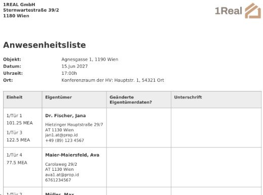 Anwesenheitsliste für Eigentümerversammlungen zum Unterschreiben - mit oder ohne Kontaktdetails